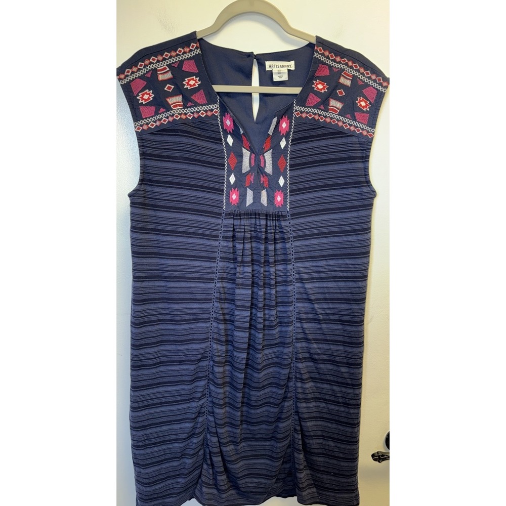 Artisan NY Dress Colorful Embroidery Shift Blue Striped Pink Aztec Large Lined